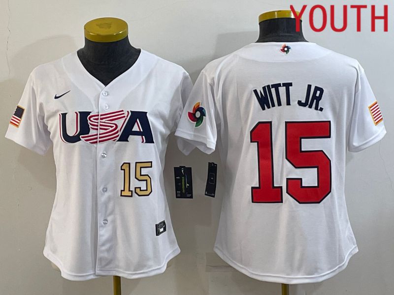 Youth 2023 World Cub USA #15 Witt jr White MLB Jersey1->youth mlb jersey->Youth Jersey
